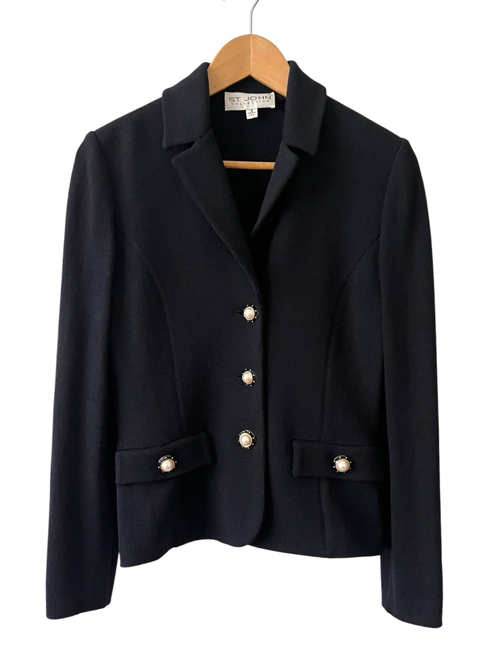 St John Collection Black Wool Knit Pearl Button Blazer